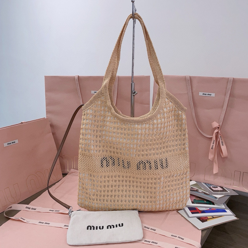 MIU MIU IVY Raffia-effect and Linen Bag