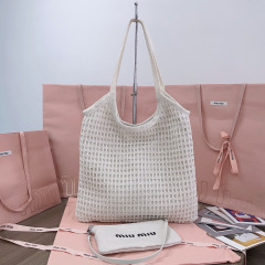 MIU MIU IVY Raffia-effect and Linen Bag
