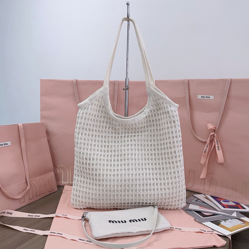 MIU MIU IVY Raffia-effect and Linen Bag