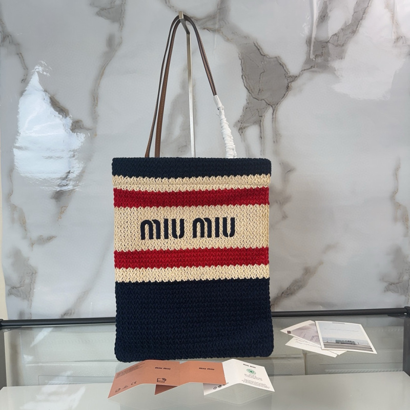MIU MIU Raffia-effect Woven Tote Bag