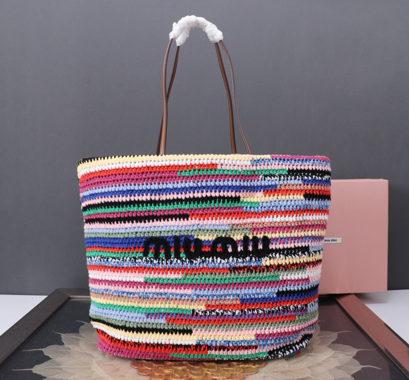 MIU MIU Raffia-effect Woven Tote Bag