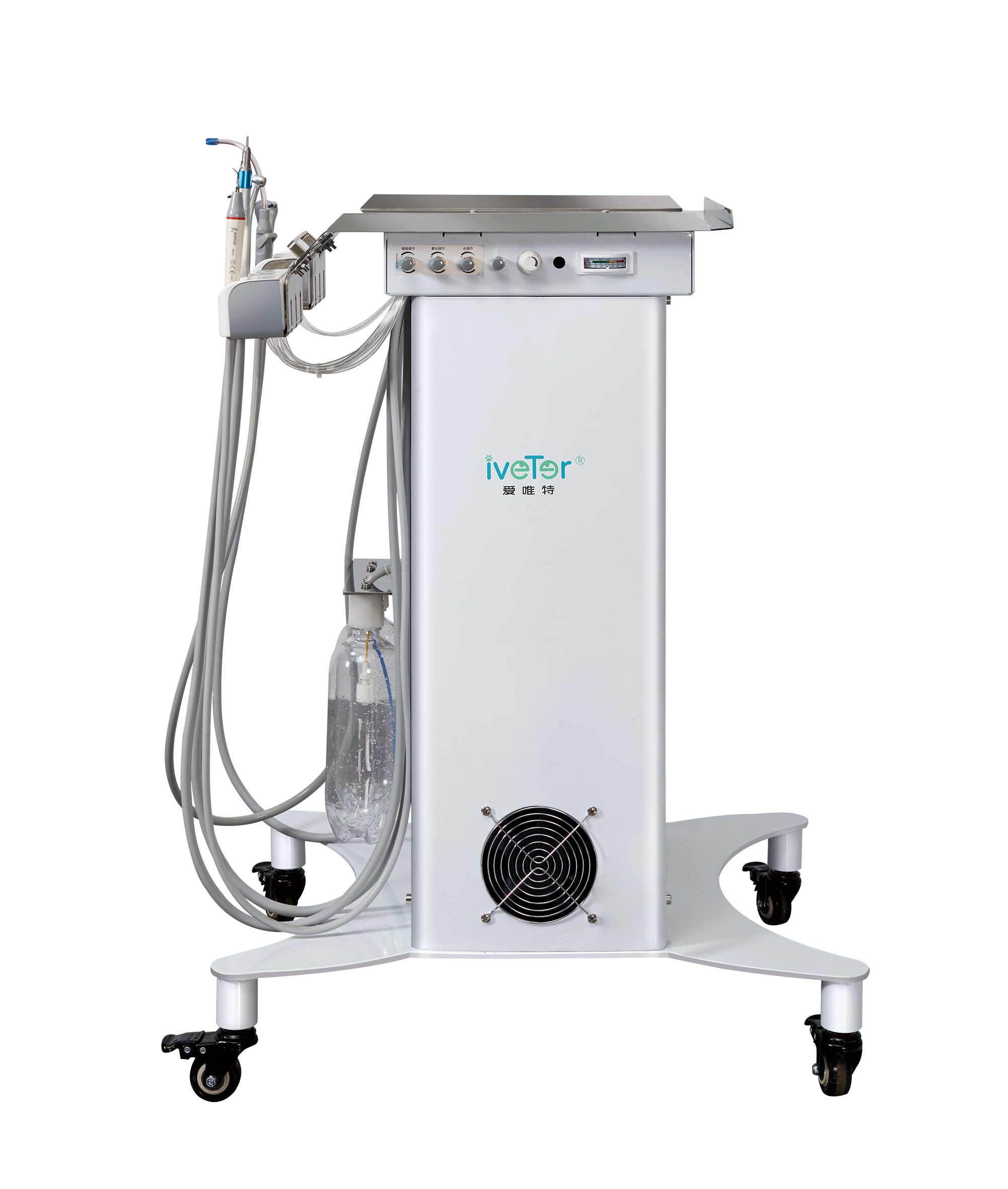 Control panel and dental instruments on the V2 veterinary dental treatment table