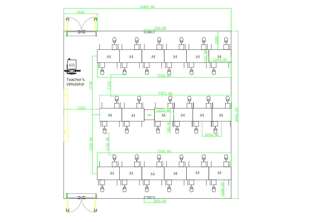Dental simulation lab floor plan showing multiple bench-mounted workstation rows with utility connections