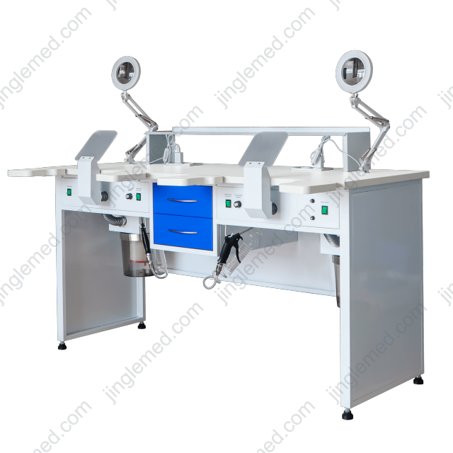 JG-J2 double-station dental lab workstation with stainless steel body and engineered stone worktop