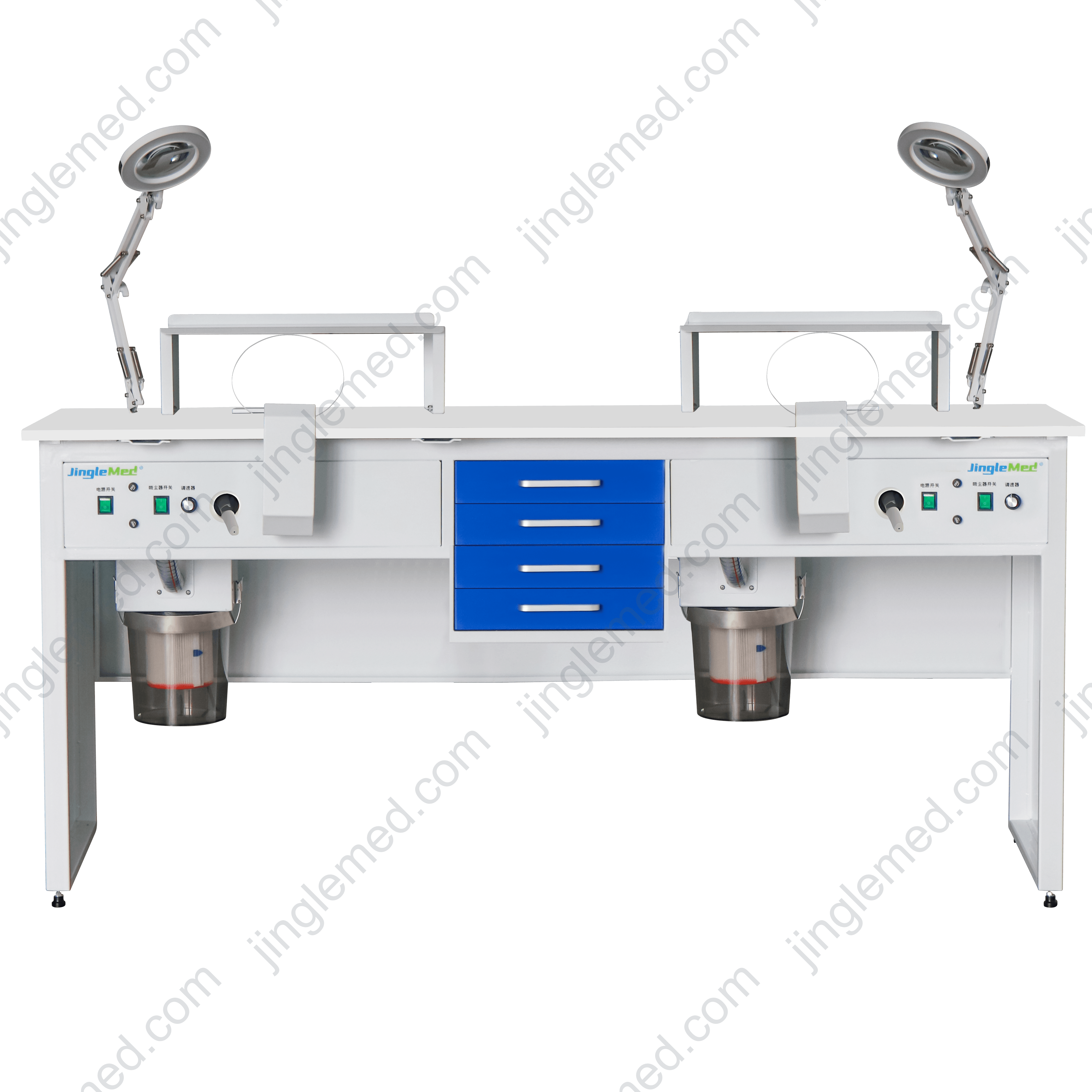 Front view of the JG-J2 double-station dental lab workstation