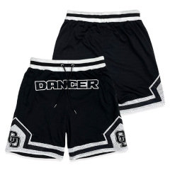 Black Patchwork Mesh Classic Embroidery Basketball Shorts