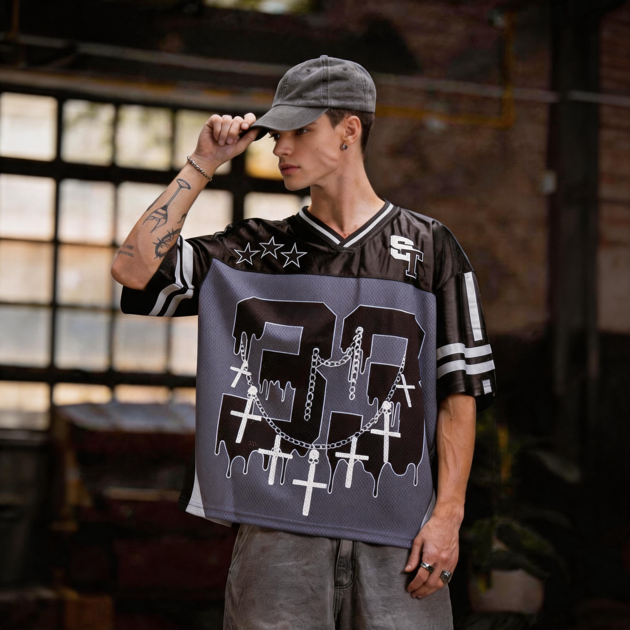 Unisex Oversized Y2K Gothic Mesh Football Jersey, Number 33 Cross Chain Dripping Print V Neck Short Sleeve Streetwear Shirt