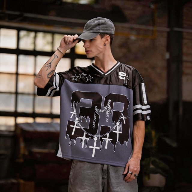 Unisex Oversized Y2K Gothic Mesh Football Jersey, Number 33 Cross Chain Dripping Print V Neck Short Sleeve Streetwear Shirt