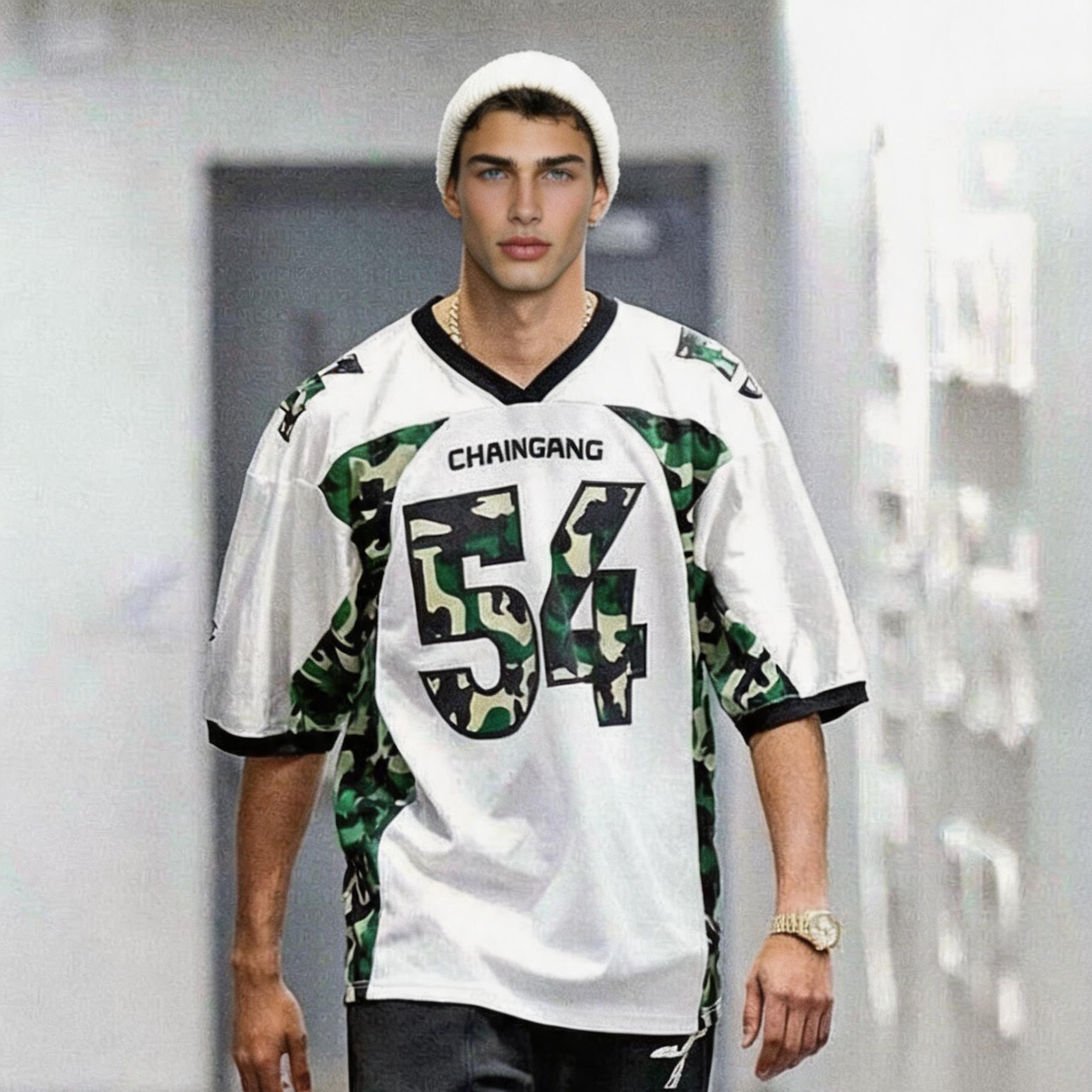 Hip Hop Camo Panel Number 54 Print Football Jersey, Men Breathable Mesh Short Sleeve Tee Jersey
