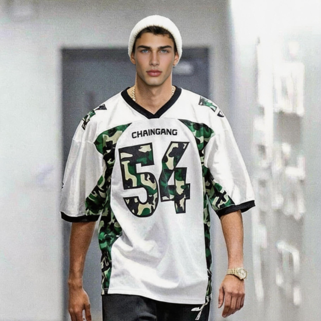 Hip Hop Camo Panel Number 54 Print Football Jersey, Men Breathable Mesh Short Sleeve Tee Jersey