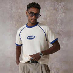 Men's Raglan Short Sleeve T-shirt Contrast Blue Trim Oval Letter Print Vintage Casual Tee T-shirt