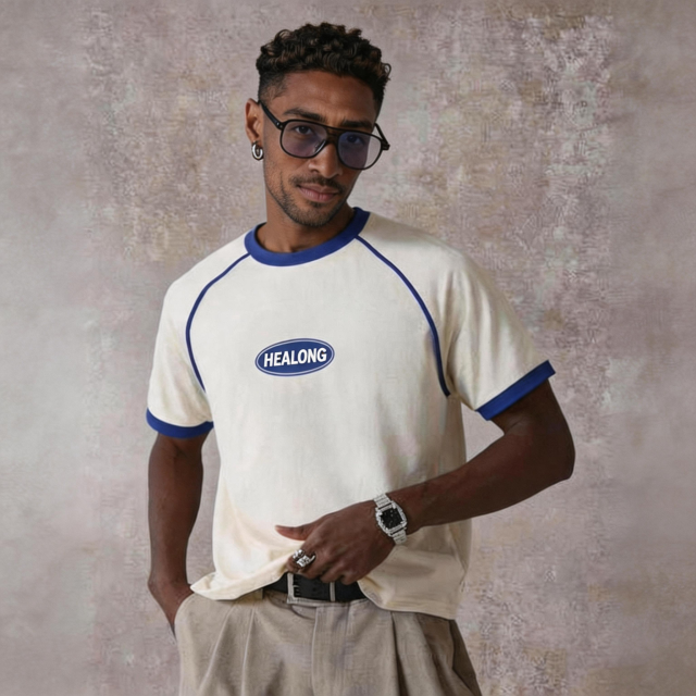 Men's Raglan Short Sleeve T-shirt Contrast Blue Trim Oval Letter Print Vintage Casual Tee T-shirt