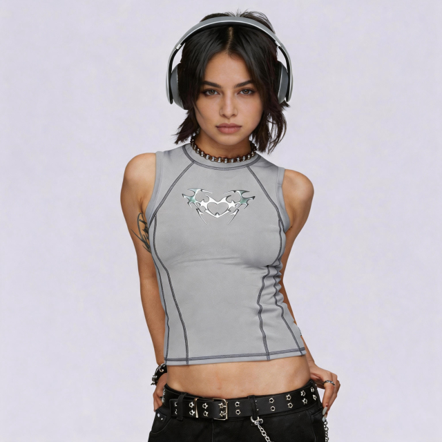 Y2K Women Contrast Stitch Sleeveless Tank Top Metallic Butterfly Graphic Slim Fit Cropped Vest