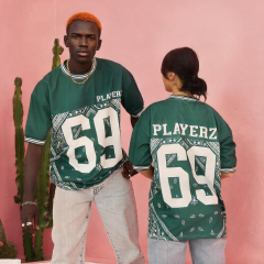Unisex Vintage Green Paisley Bandana Print Football Jersey Oversized Short Sleeve Streetwear T Shirt