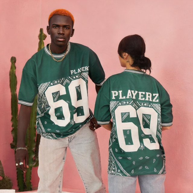 Unisex Vintage Green Paisley Bandana Print Football Jersey Oversized Short Sleeve Streetwear T Shirt