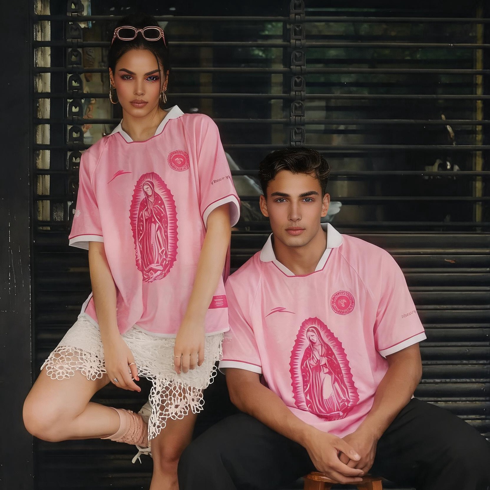 Women Retro Pink Collared Soccer Jersey Our Lady of Guadalupe Virgin Mary Graphic Print Short Sleeve Streetwear Football Shirt