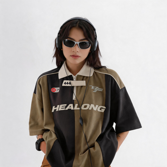 Unisex Retro Brown Black Color Block Racing Polo Jersey Half Zip Contrast Collar Short Sleeve Streetwear Shirt