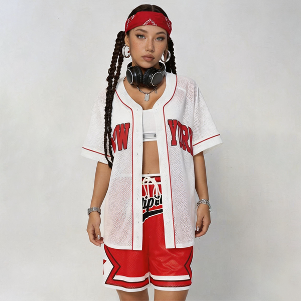Women Oversized New York Print Mesh Baseball Jersey Open Front Short Sleeve Street Shirt
