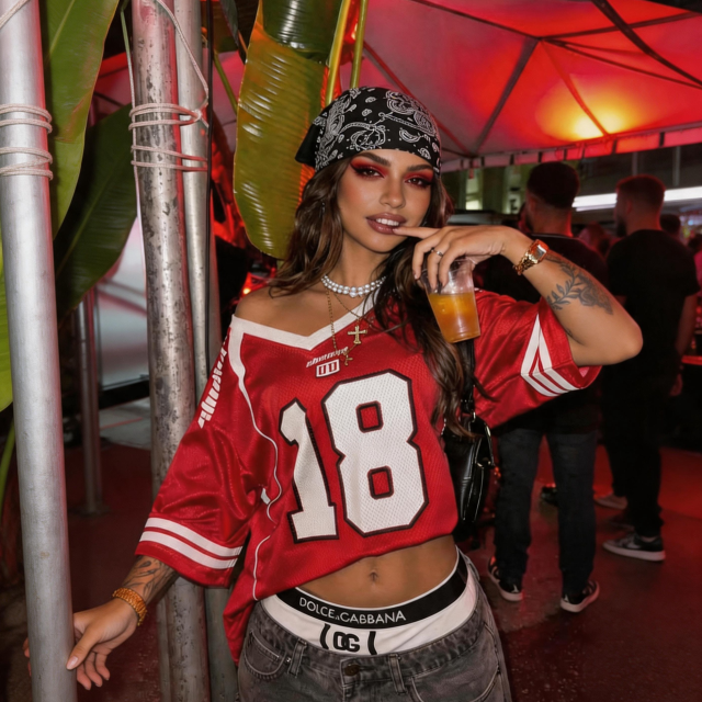 Women Vintage Red V Neck American Football Jersey Oversized Print White Striped Short Sleeve Hip Hop Streetwear Top