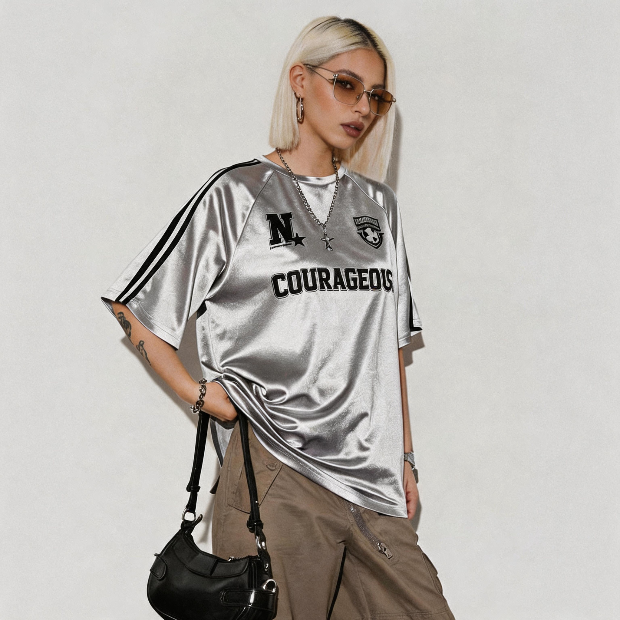 Women Y2K Silver Shiny Satin Raglan Sports Jersey Black Stripe Short Sleeve Oversized Streetwear Top