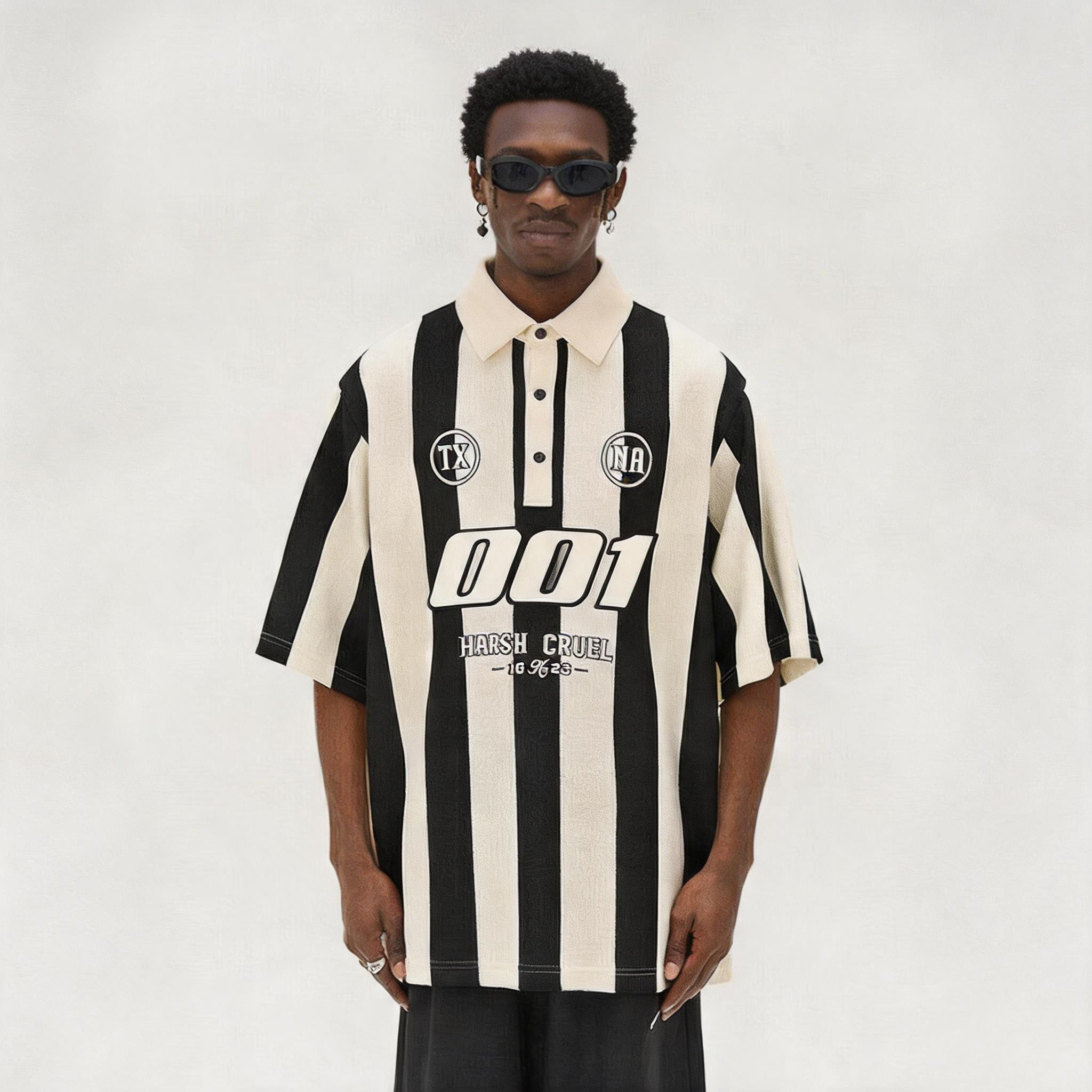 Men Oversized Vertical Striped Polo Jersey Print Streetwear Short Sleeve Shirt Jersey