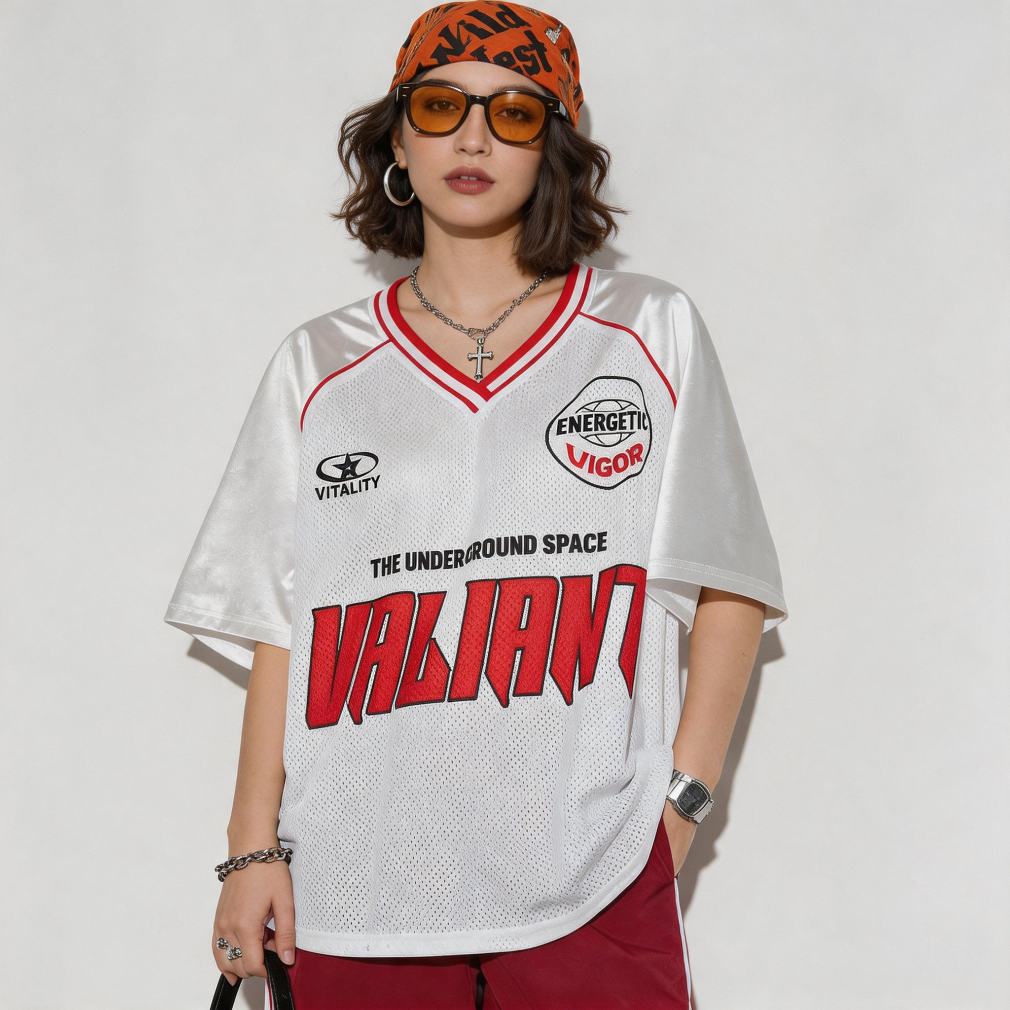 Women Oversized Valiant Print Mesh Jersey Breathable Mesh Fabric V-Neck Short Sleeve Streetwear Top Jerseys