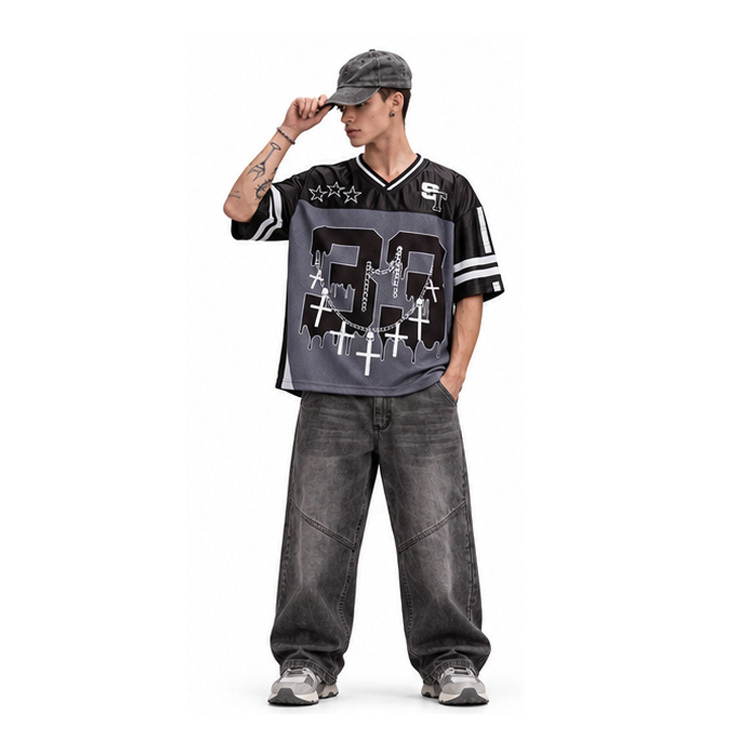 Unisex Oversized Y2K Gothic Mesh Football Jersey, Number 33 Cross Chain Dripping Print V Neck Short Sleeve Streetwear Shirt