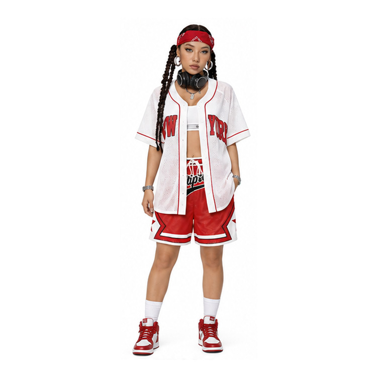 Women Oversized New York Print Mesh Baseball Jersey Open Front Short Sleeve Street Shirt