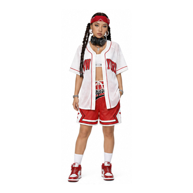 Women Oversized New York Print Mesh Baseball Jersey Open Front Short Sleeve Street Shirt