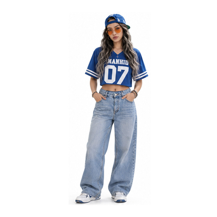 Women Manhid 07 Cropped Football Jersey Blue V-neck Striped Sleeve Crop Sports Top Jerseys
