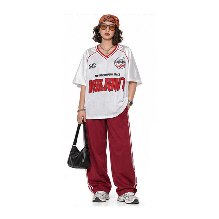Women Oversized Valiant Print Mesh Jersey Breathable Mesh Fabric V-Neck Short Sleeve Streetwear Top Jerseys