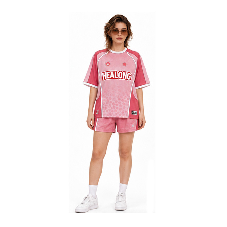 Pink Gradient Spliced Sports Jersey Shorts Set Retro Soccer Jersey Football Uniform