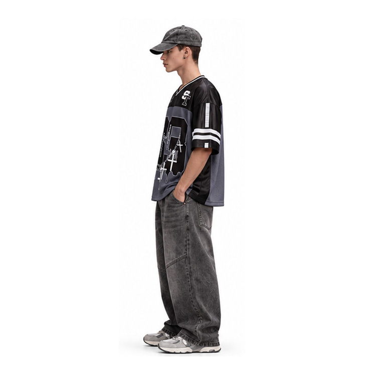 Unisex Oversized Y2K Gothic Mesh Football Jersey, Number 33 Cross Chain Dripping Print V Neck Short Sleeve Streetwear Shirt