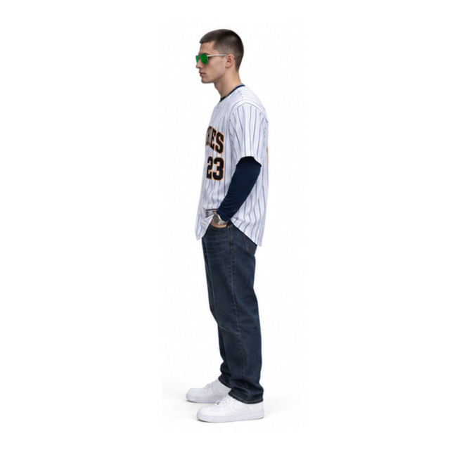 Men Retro Pinstripe Button Up Baseball Jersey Streetwear Short Sleeve Shirt