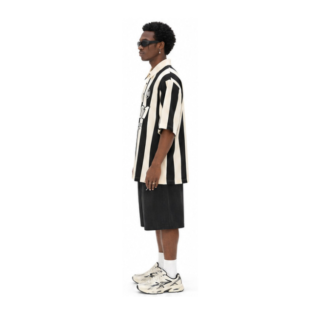 Men Oversized Vertical Striped Polo Jersey Print Streetwear Short Sleeve Shirt Jersey