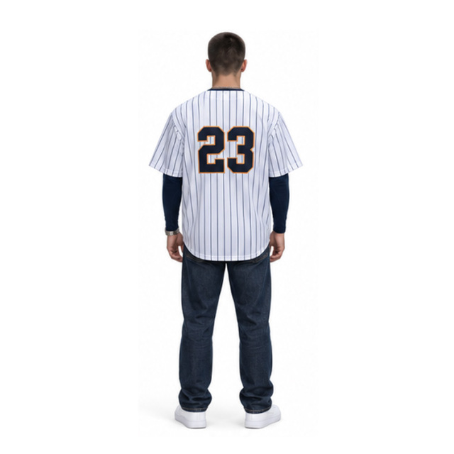 Men Retro Pinstripe Button Up Baseball Jersey Streetwear Short Sleeve Shirt
