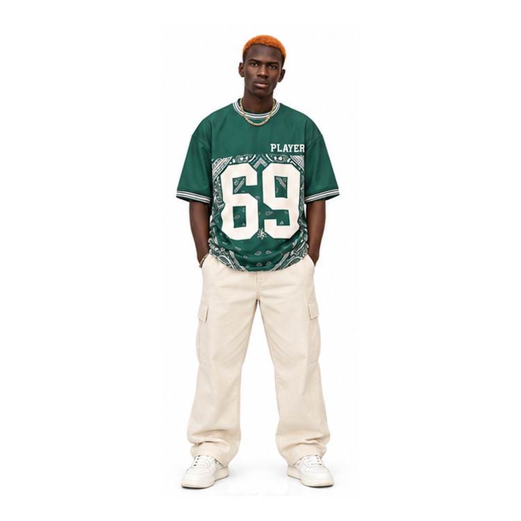 Unisex Vintage Green Paisley Bandana Print Football Jersey Oversized Short Sleeve Streetwear T Shirt