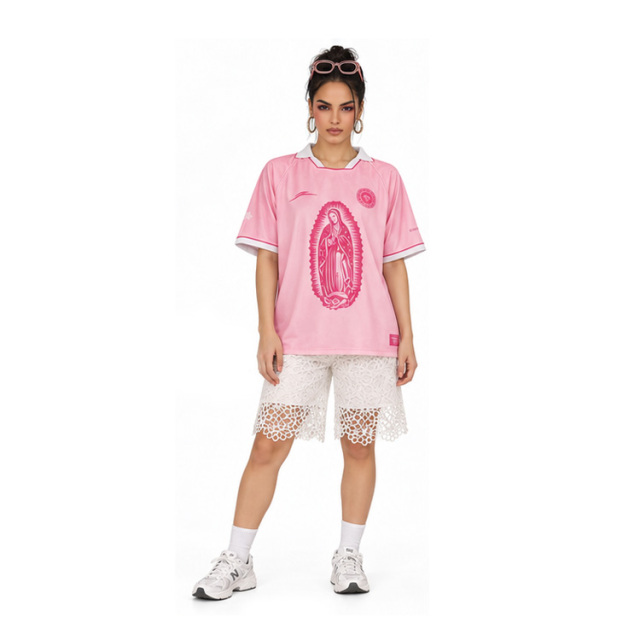 Women Retro Pink Collared Soccer Jersey Our Lady of Guadalupe Virgin Mary Graphic Print Short Sleeve Streetwear Football Shirt