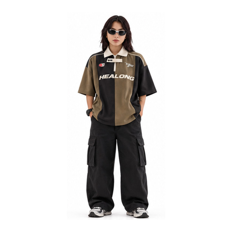 Unisex Retro Brown Black Color Block Racing Polo Jersey Half Zip Contrast Collar Short Sleeve Streetwear Shirt