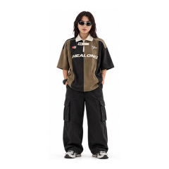 Unisex Retro Brown Black Color Block Racing Polo Jersey Half Zip Contrast Collar Short Sleeve Streetwear Shirt