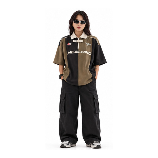 Unisex Retro Brown Black Color Block Racing Polo Jersey Half Zip Contrast Collar Short Sleeve Streetwear Shirt