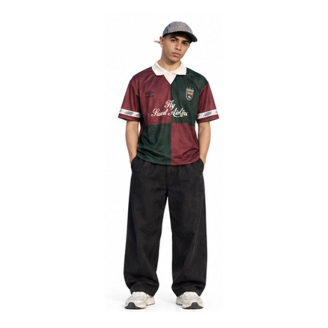 Unisex Retro Quadrant Color Block Soccer Jersey, Burgundy Green Spliced Polo Collar Street Football Shirt