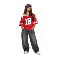 Women Vintage Red V Neck American Football Jersey Oversized Print White Striped Short Sleeve Hip Hop Streetwear Top