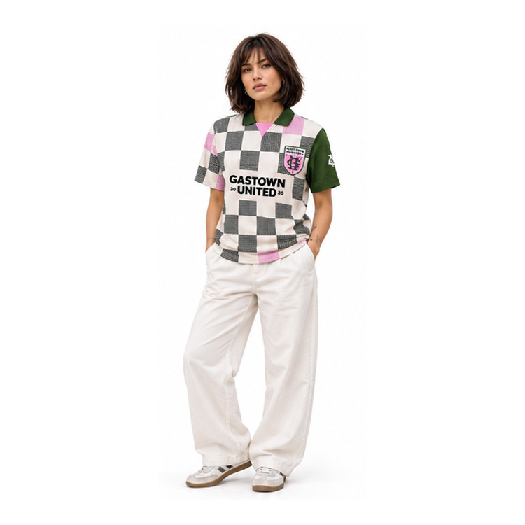 Unisex Retro Checkerboard Soccer Jersey Gastown United Letter Crest Print Green Contrast Collar Spliced Short Sleeve Streetwear Football Shirt