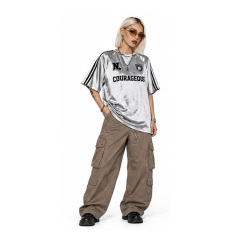 Women Y2K Silver Shiny Satin Raglan Sports Jersey Black Stripe Short Sleeve Oversized Streetwear Top