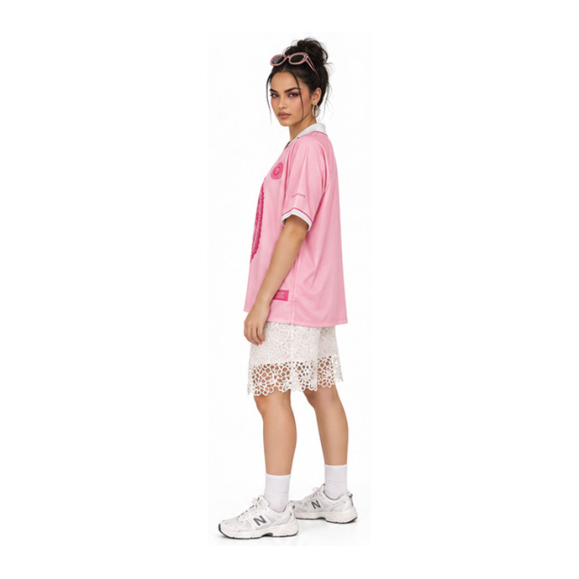 Women Retro Pink Collared Soccer Jersey Our Lady of Guadalupe Virgin Mary Graphic Print Short Sleeve Streetwear Football Shirt
