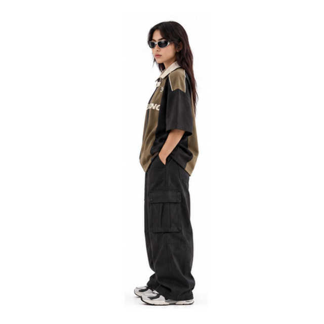 Unisex Retro Brown Black Color Block Racing Polo Jersey Half Zip Contrast Collar Short Sleeve Streetwear Shirt