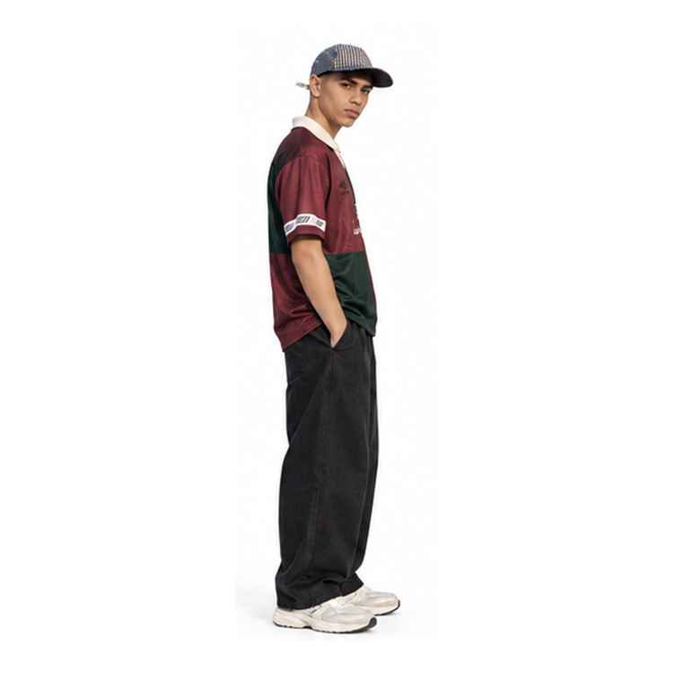 Unisex Retro Quadrant Color Block Soccer Jersey, Burgundy Green Spliced Polo Collar Street Football Shirt