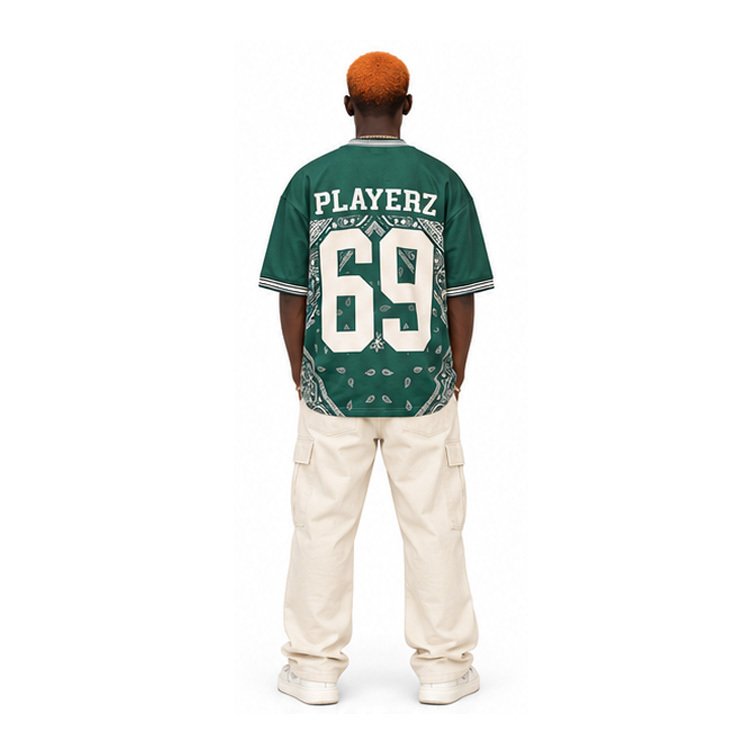 Unisex Vintage Green Paisley Bandana Print Football Jersey Oversized Short Sleeve Streetwear T Shirt