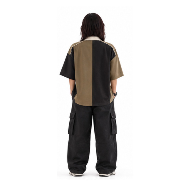 Unisex Retro Brown Black Color Block Racing Polo Jersey Half Zip Contrast Collar Short Sleeve Streetwear Shirt